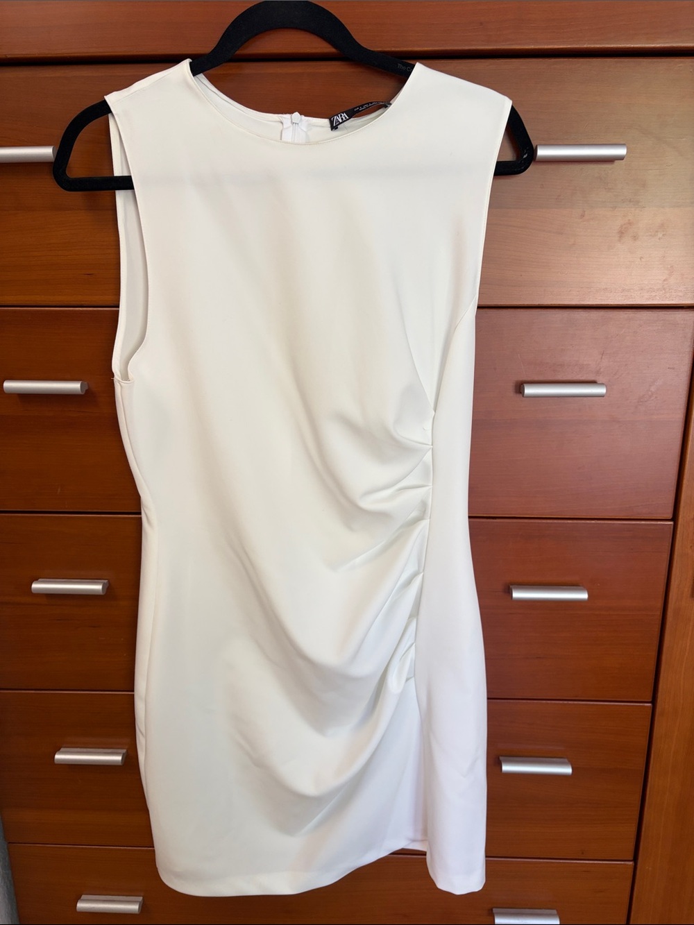 Zara Cream Sleeveless Ruched Sheath Dress